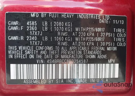 2014 Subaru Outback 2.5I Premium from USA, damaged, VIN 4S4BRBCC8E3254587